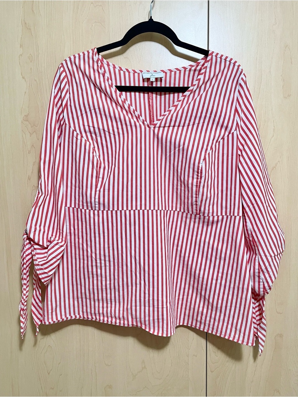 Universal Standard Coral-Red & White Striped V-Neck Tie-Sleeve Blouse